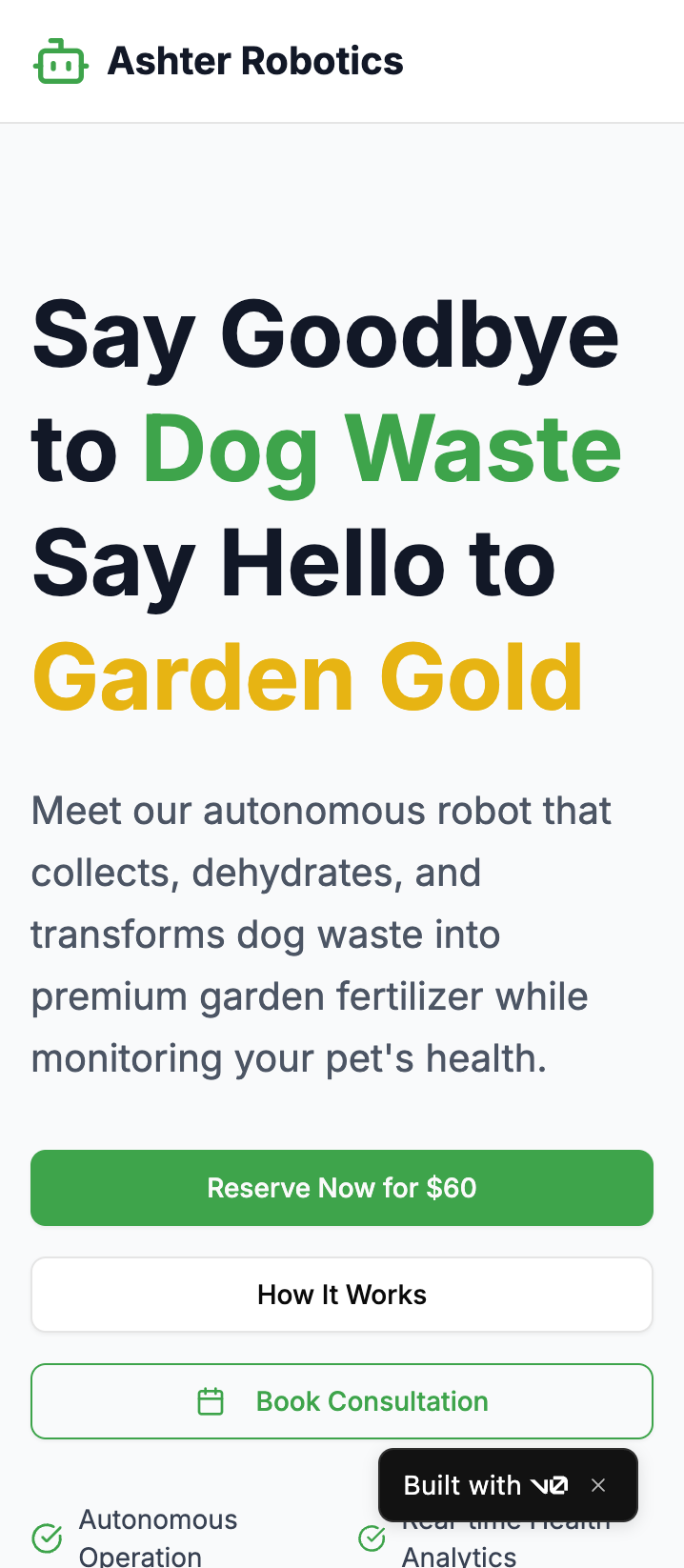 Ashterai — autonomous pet waste robot landing page preview
