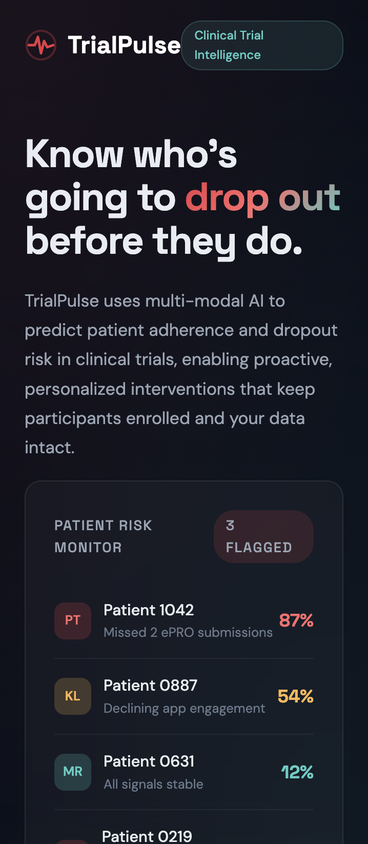 TrialPulse — clinical trial dropout prediction landing page preview